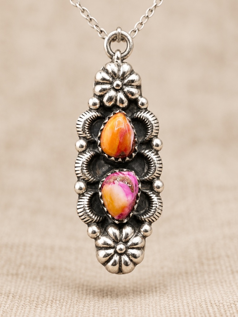 Sterling Silver Floral Motif Pendant with Orange & Pink Spiney oyster shells